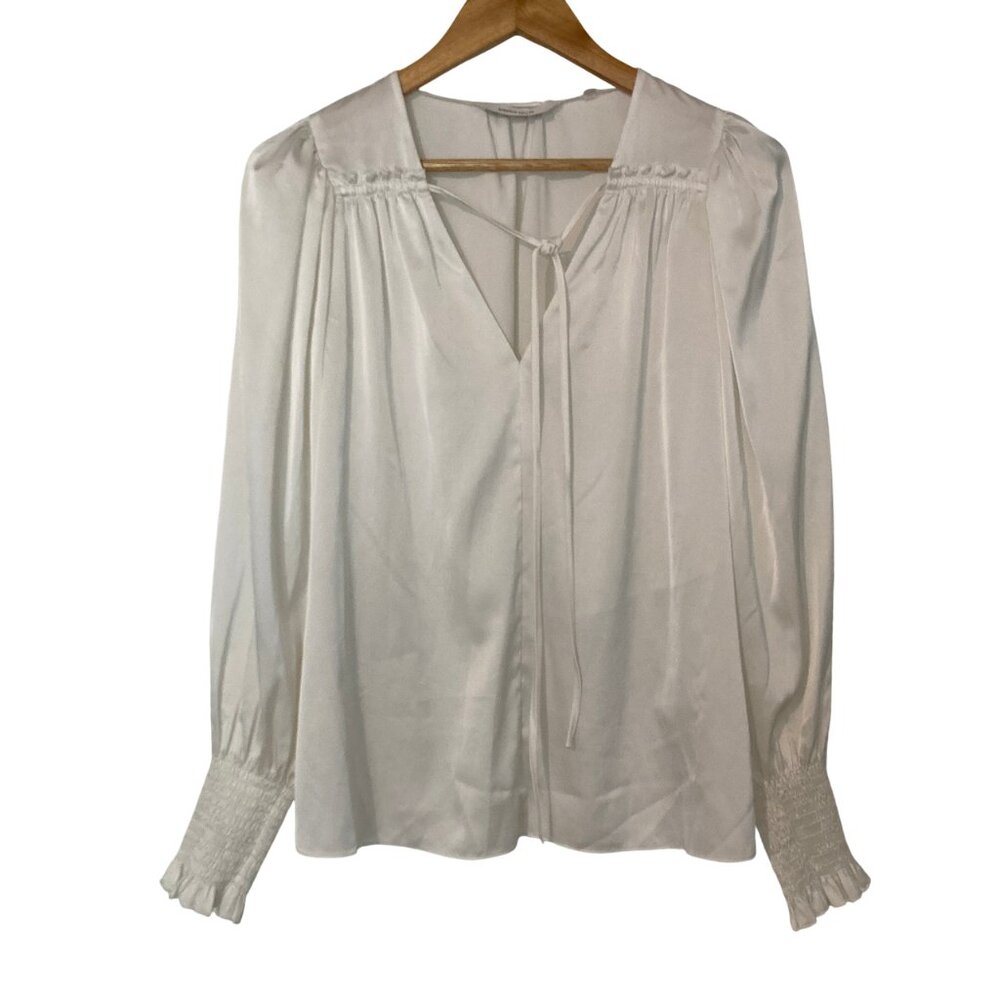 Rebecca Taylor Satin Tie Neck Blouse with Gathered Sleeves and Ruffles